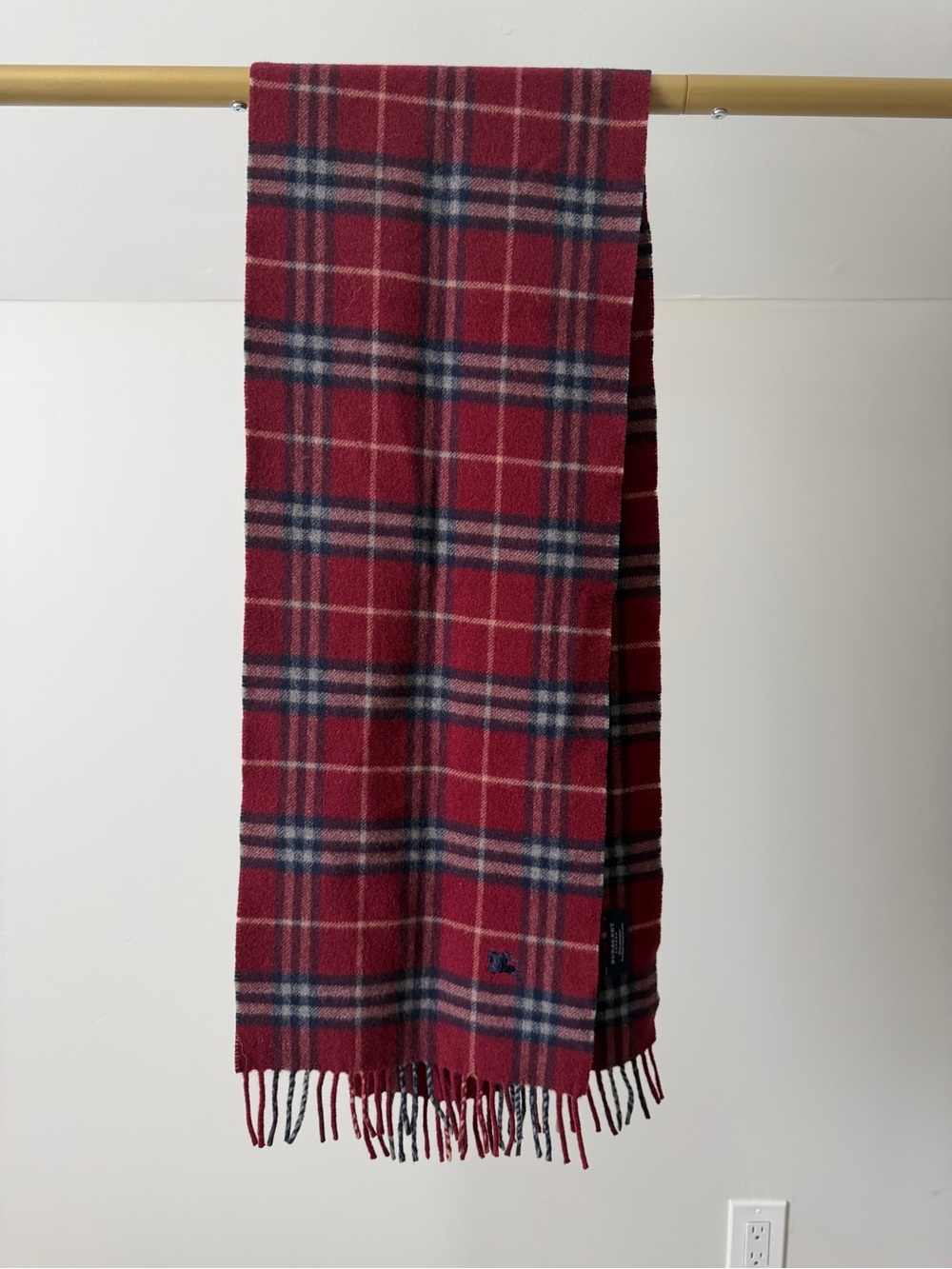 Burberry Red Burgundy Plaid Wool Scarf with Navy and White Windowpane